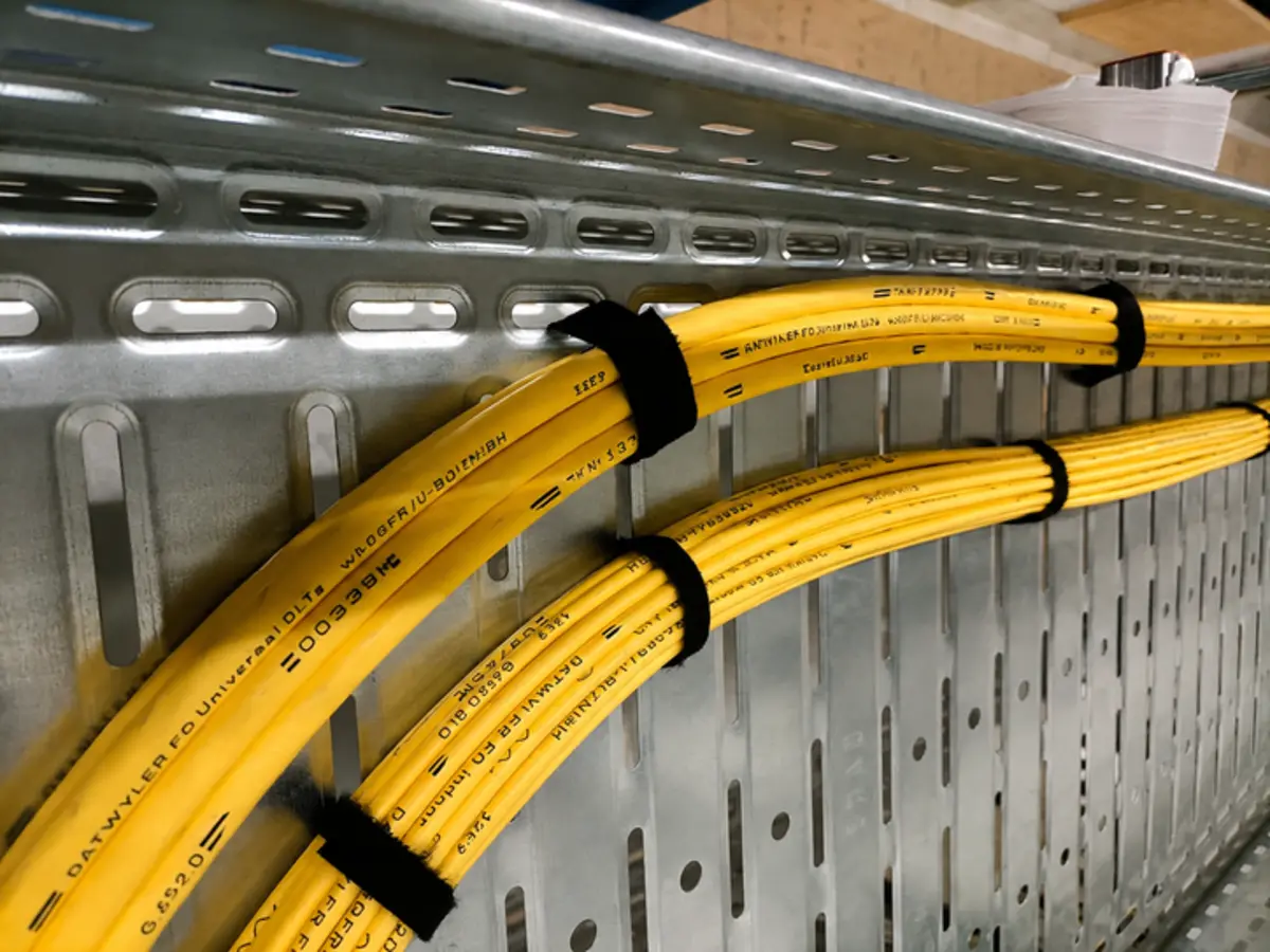 Structured yellow data cabling in cable tray