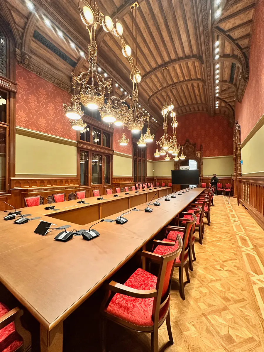 Historic conference room with architectural lighting